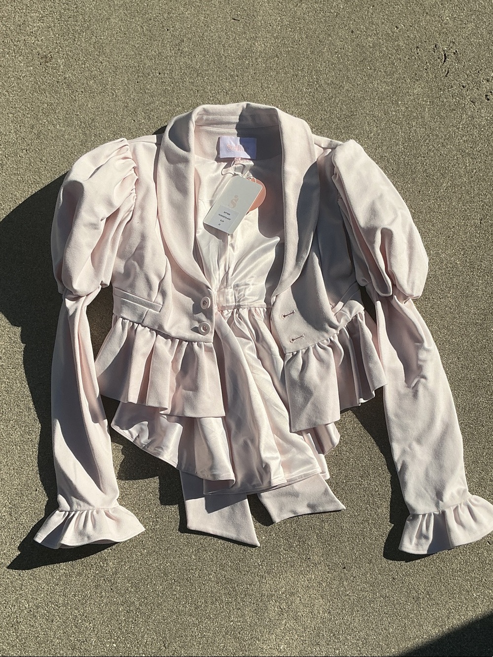 Selkie Pale Pink Ruffled Peplum Blazer with Puff Sleeves